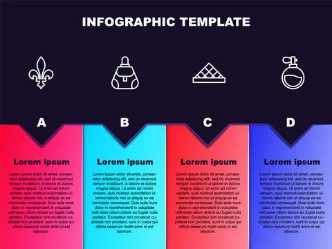 Set line Fleur De Lys, Handbag, Louvre museum and Perfume. Business infographic Illustration