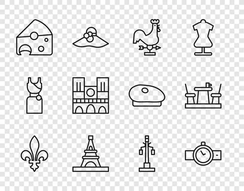 Set line Fleur De Lys, Wrist watch, Rooster weather vane, Eiffel tower, Cheese Stock Illustration