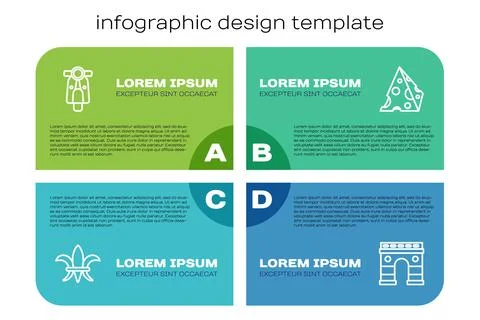 Set line Fleur De Lys, Scooter, Triumphal Arch and Cheese. Business infographic Illustrazione stock