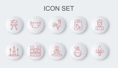 Set line Fleur De Lys, Place La Concorde, French rooster, Perfume, Easel 스톡 일러스트