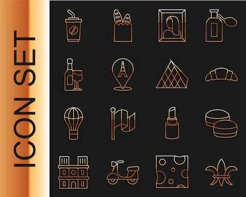Set line Fleur De Lys, Macaron cookie, Croissant, Portrait picture in museum Stock Illustration