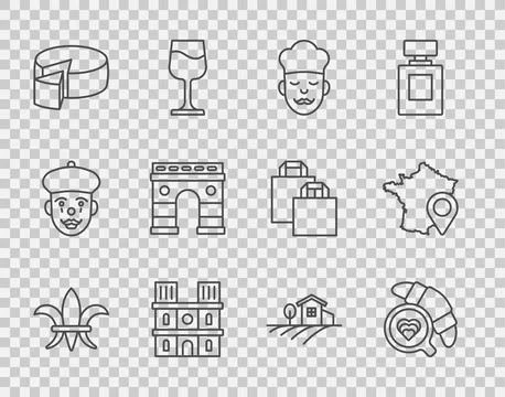 Set line Fleur De Lys, Coffee cup with croissant, Cook, Notre Dame de Paris Stock Illustration