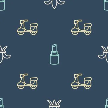 Set line Fleur De Lys, Scooter and Lipstick on seamless pattern. Vector Stock Illustration