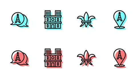 Set line Fleur De Lys, Eiffel tower, Notre Dame de Paris and  icon. Vector Stock Illustration