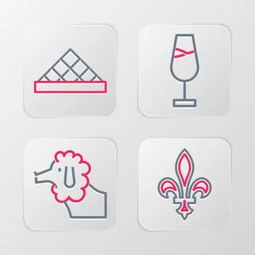 Set line Fleur De Lys, Poodle dog, Wine glass and Louvre museum icon. Vector Stock-Illustration