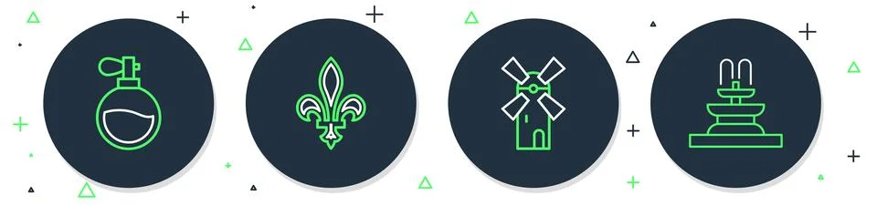 Set line Fleur De Lys, Windmill, Perfume and Fountain icon. Vector Ilustração Stock