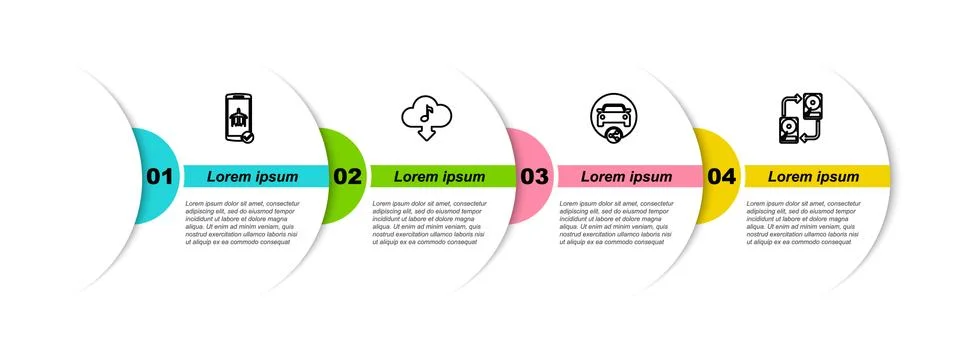 Set line Flight mode in the mobile, Cloud download music, Car sharing and Data Stock Illustration