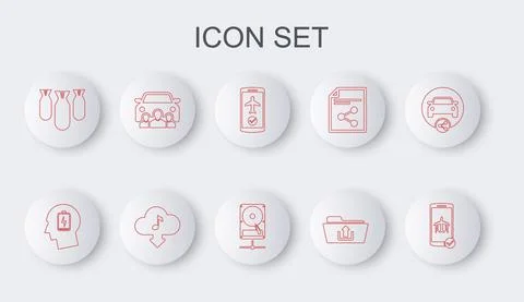 Set line Flight mode in the mobile, Head with low battery, Folder upload Stock Illustration