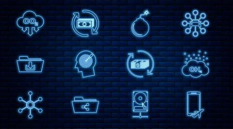 Set line Flight mode in the mobile, Methane emissions reduction, Bomb ready to Illustrazione stock