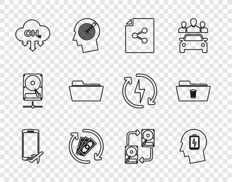 Set line Flight mode in the mobile, Head with low battery, Share file, Refund Stock Illustration