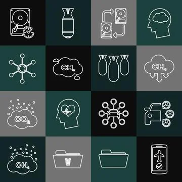 Set line Flight mode in the mobile, Car sharing, Methane emissions reduction Illustrazione stock