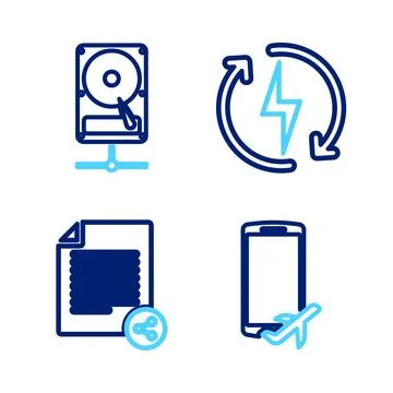 Set line Flight mode in the mobile, Share file, Recharging and Hard disk dr.. Stock Illustration