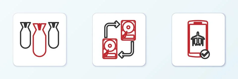 Set line Flight mode in the mobile, Aviation bombs and Data exchange with h.. Stock Illustration