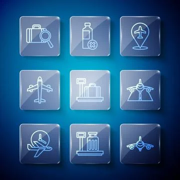 Set line Flight time, Scale with suitcase, Plane, Lost baggage and icon. Vector Stock Illustration
