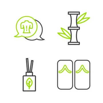 Set line Flip flops, Aroma diffuser, Bamboo and Massage icon. Vector Stock Illustration