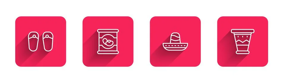 Set line Flip flops, Beans in can, Mexican sombrero and drum with long shadow Ilustração Stock