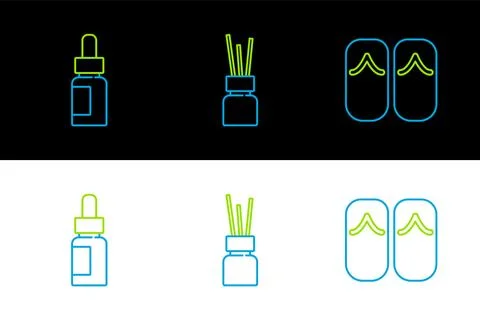 Set line Flip flops, Essential oil bottle and Aroma diffuser icon. Vector Illustrazione stock