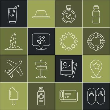 Set line Flip flops, Map pointer with star, Lifebuoy, Compass, Speech bubble Stock Illustration