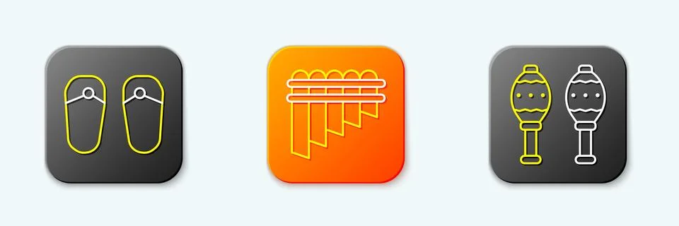 Set line Flip flops, Pan flute and Maracas icon. Vector Stock Illustration