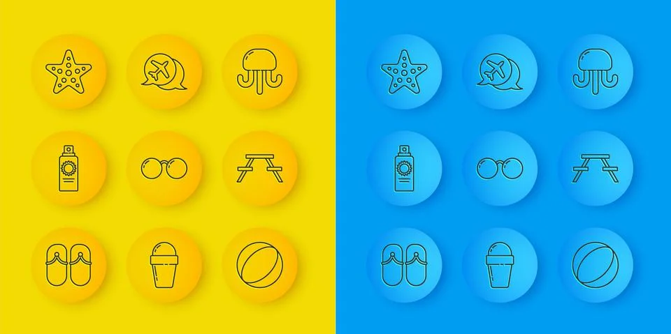 Set line Flip flops, Sunscreen spray bottle, Glasses, Beach ball, Picnic table Stock Illustration