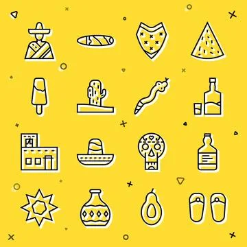 Set line Flip flops, Tequila bottle, and glass, Poncho, Cactus, Popsicle ice Ilustración de archivo