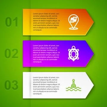 Set line Flippers for swimming, Turtle and Floating buoy. Business infographic Stock Illustration
