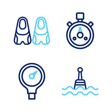 Set line Floating buoy, Gauge scale, Stopwatch and Flippers for swimming ic.. Stock Illustration