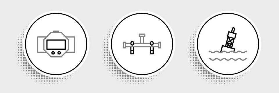 Set line Floating buoy on the sea, Diving watch and Manifold icon. Vector Stockillustratie