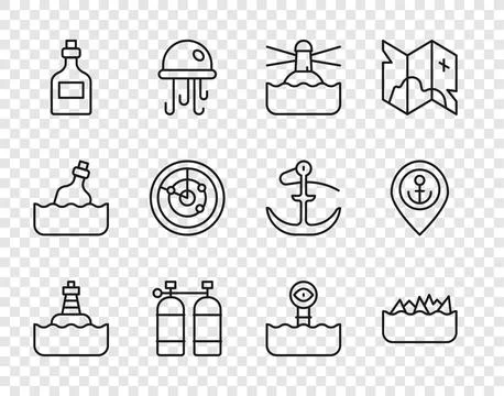 Set line Floating buoy, Sharp stone reefs, Lighthouse, Aqualung, Rum bottle.. Stock Illustration
