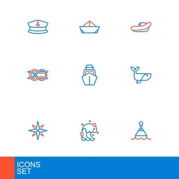 Set line Floating buoy, Tsunami, Wind rose, Whale, Nautical rope knots, Yac.. Stock Illustration