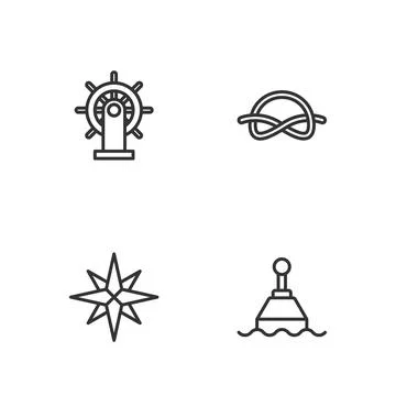 Set line Floating buoy, Wind rose, Ship steering wheel and Nautical rope knots Stock Illustration
