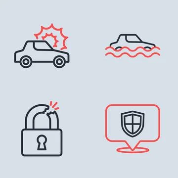 Set line Flood car, Broken or cracked lock, Location shield and Car insuran.. Stock Illustration