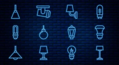 Set line Floor lamp, LED light bulb, Wall sconce, Lamp hanging, Chandelier Stock Illustration