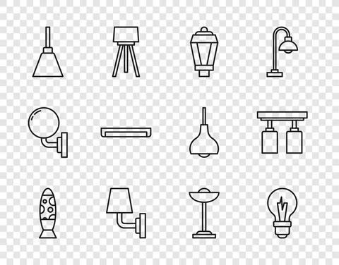 Set line Floor lamp, Light bulb, Garden light, Wall sconce, Chandelier Stock Illustration