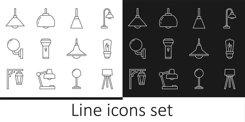 Set line Floor lamp, Light bulb, Chandelier, Flashlight, Wall sconce, Lamp Stock Illustration