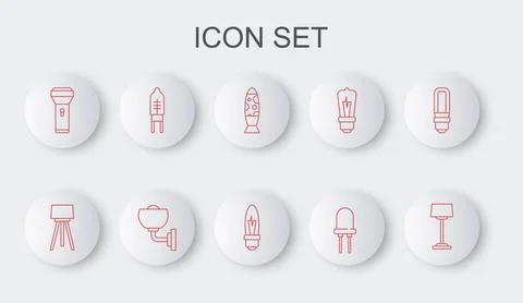 Set line Floor lamp, Light emitting diode, Flashlight, Wall sconce and bulb.. Stock Illustration