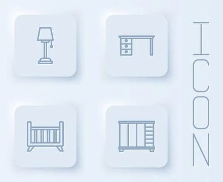 Set line Floor lamp, Office desk, Baby crib cradle bed and Wardrobe. White Stock Illustration