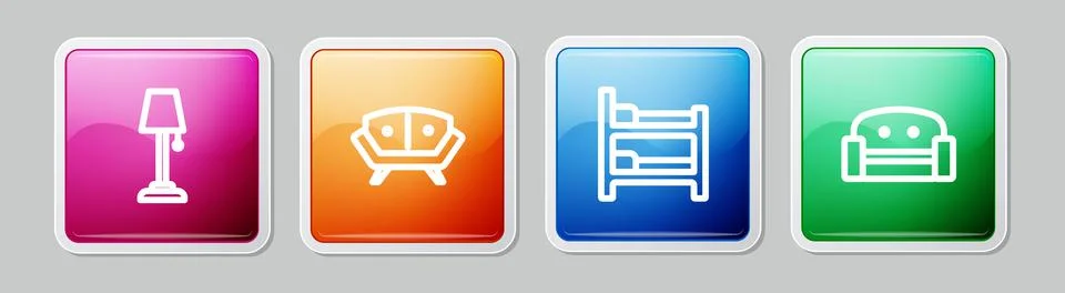 Set line Floor lamp, Sofa, Bunk bed and Armchair. Colorful square button. Vec Stock Illustration
