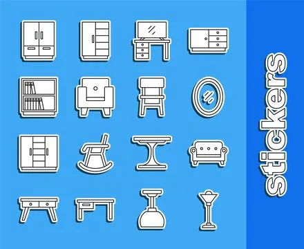Set line Floor lamp Sofa Mirror TV table stand Armchair Library bookshelf War Illustrazione stock