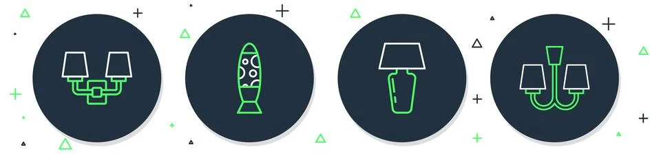 Set line Floor lamp, Table, Wall sconce and Chandelier icon. Vector Illustrazione stock