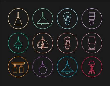 Set line Floor lamp, Table, Light bulb, Chandelier,  and Lamp hanging icon... Stock-Illustration