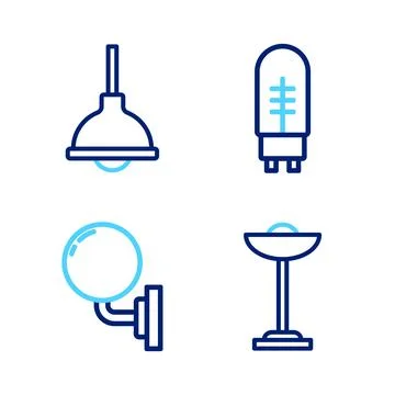 Set line Floor lamp, Wall sconce, Light emitting diode and Lamp hanging ico.. Stock Illustration