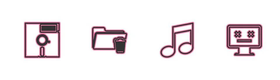 Set line Floppy disk in the 5.25-inch, Music note, tone, Delete folder and Dead Stock Illustration