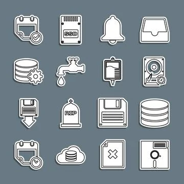 Set line Floppy disk in the 5.25-inch, Database, Hard drive HDD sync refresh Stock Illustration