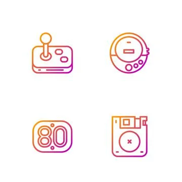 Set line Floppy disk, 80s Retro, Joystick and Music CD player. Gradient color Stock Illustration