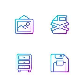 Set line Floppy disk, Archive papers drawer, Picture landscape and Delete file Stock Illustration