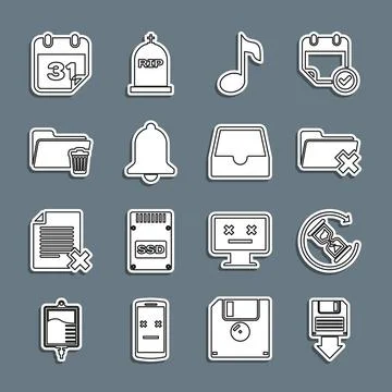 Set line Floppy disk backup, Waiting, Delete folder, Music note, tone, Ringing Illustrazione stock