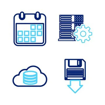 Set line Floppy disk backup, Cloud database, Server setting and Calendar icon Stock Illustration