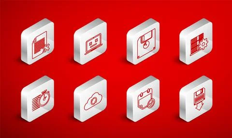 Set line Floppy disk backup, Dead laptop, Server setting, Calendar with check Stock Illustration