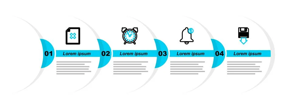 Set line Floppy disk backup, Bell, Alarm clock and Delete file document icon Stock Illustration
